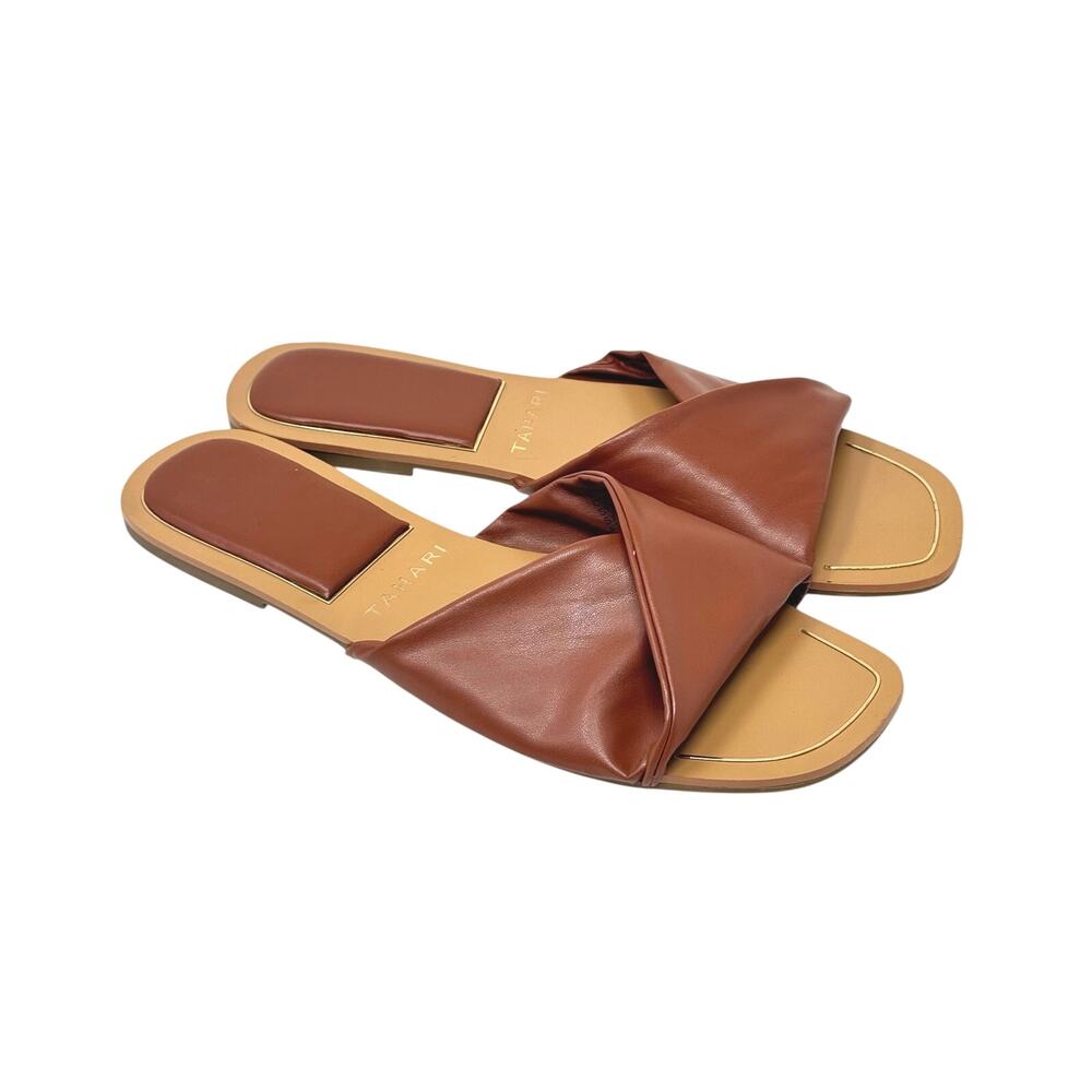 Tahari Sabana Cognac Brown Faux Leather Criss Cross Slide Sandals Padded Size 10